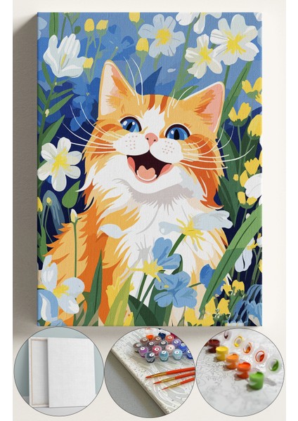 Sayılarla Boyama Çerçeveli Hobi Seti Numaralı Tuval Fırça Boya Dahil Kasnaklı 40X50 cm Gülümseyen Kedi
