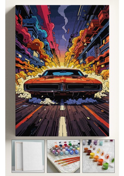 Sayılarla Boyama Çerçeveli Hobi Seti Numaralı Tuval Fırça Boya Dahil Kasnaklı 40X50 cm Hızlı Araba