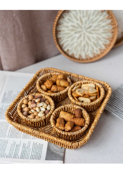 5 Parça Rattan Görünümlü Sunum ve Piknik Seti, Gri