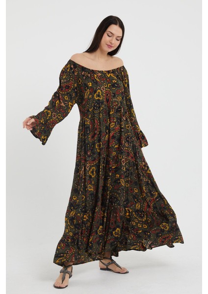 Kadın Madonna Yaka Pamuk Viskon Kumaş Uzun Oversize Desenli Elbise