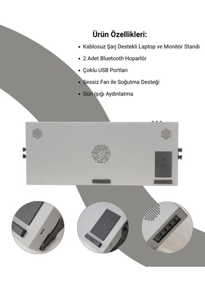 Çok Fonksiyonlu Laptop & Monitör Standı – Kablosuz Şarj, USB 3.0, Fan, Hoparlör, Gün Işığı,