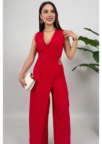 Crimson Icon Kadın Kemer Detaylı Askılı Bol Paça Kırmızı Tulum – Rahat Şık Yazlık Kombin