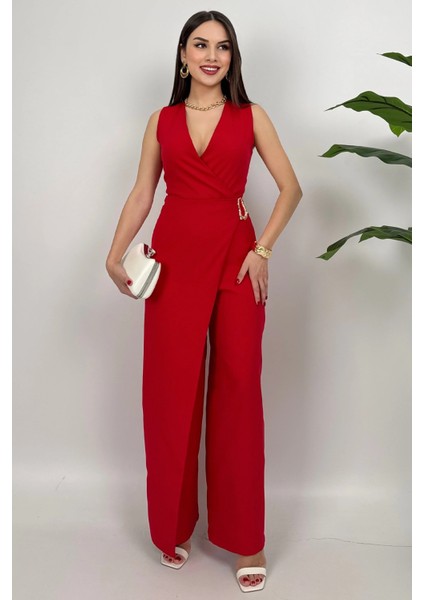 Crimson Icon Kadın Kemer Detaylı Askılı Bol Paça Kırmızı Tulum – Rahat Şık Yazlık Kombin modelleri