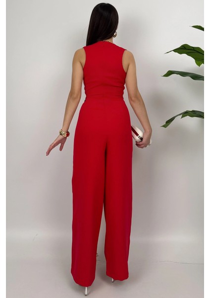 Crimson Icon Kadın Kemer Detaylı Askılı Bol Paça Kırmızı Tulum – Rahat Şık Yazlık Kombin indirimleri