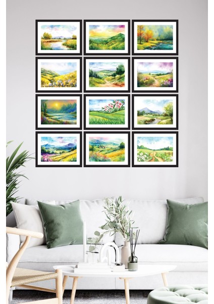 Beyaz 12 Parça Mdf Watercolor Tablo Seti, Şık ve Modern Duvar Dekoru.
