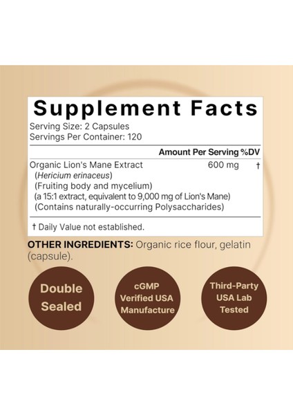 Lions Mane Mushroom Organic 9,000 mg 240 Capsules fiyatları