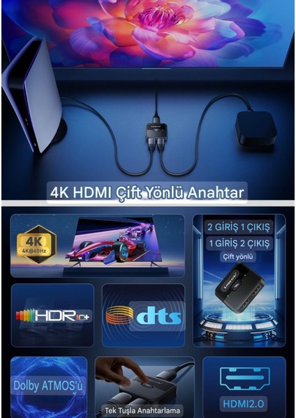 4K HDMI Splitter Anahtarı 2'si 1 Arada 4K 60Hz HDMI uyumlu 2.0 Hub Switcher CE Lisanslı Orjinal PC Dizüstü HDTV Xbox PS4 PS5 TV Macbook modelleri
