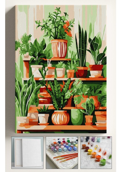 Sayılarla Boyama Çerçeveli Hobi Seti Numaralı Tuval Fırça Boya Dahil Kasnaklı 40X50 cm Kaktüs Raf