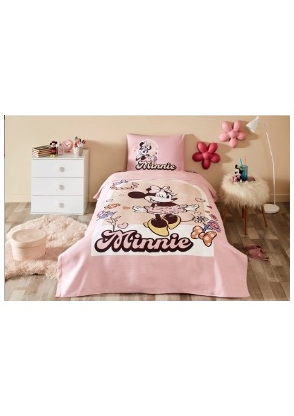 Tek Kişilik Ranforce Disney Lisanslı Lastikli Çarşaf Çocuk Pike Takımı Minnie Garden Pembe
