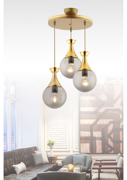 Şık Gri 3'lü Gold Glop Camlı Aydınlatma Takımı