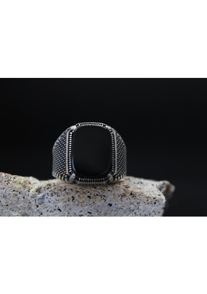 925 Ayar Siyah Taşlı Erkek Gümüş Yüzük - Maskülen Stil