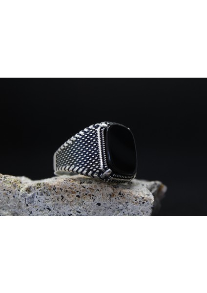 925 Ayar Siyah Taşlı Erkek Gümüş Yüzük - Maskülen Stil fiyatları