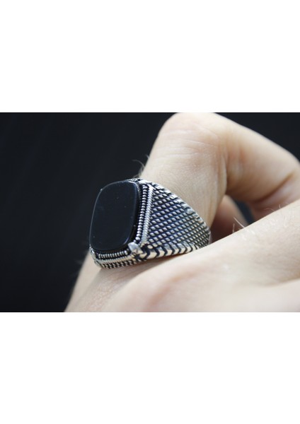 925 Ayar Siyah Taşlı Erkek Gümüş Yüzük - Maskülen Stil modelleri