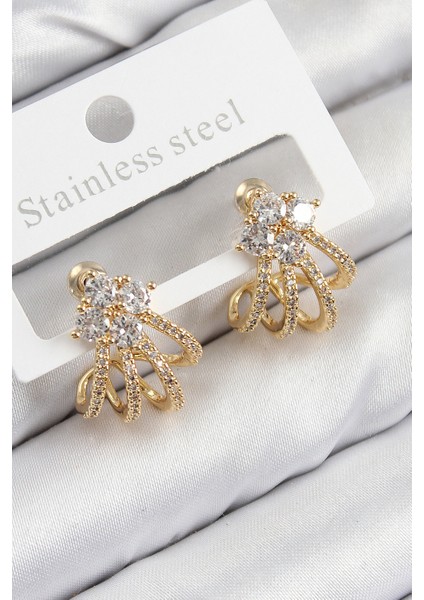 Pirinç Zirkon Taşlı Model Gold Renk Kadın Küpe