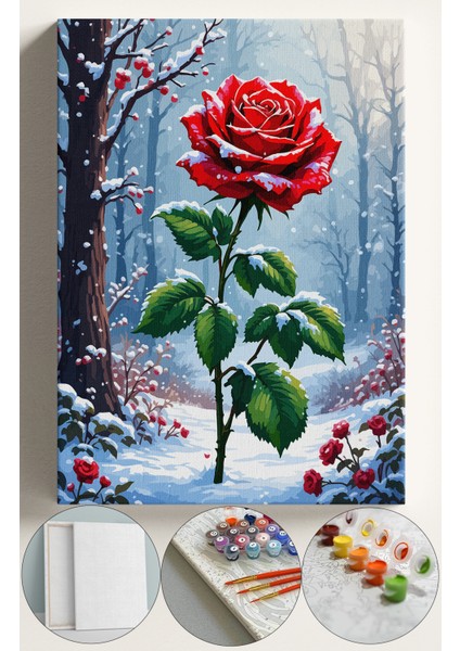 Sayılarla Boyama Çerçeveli Hobi Seti Numaralı Tuval Fırça Boya Dahil Kasnaklı 40X50 cm Karda Gül