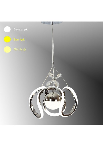25'lik Krom Kaplamalı Kavisli LED Aydınlatma Avizesi, 3 Renk Modüllü, Modern Tasarım