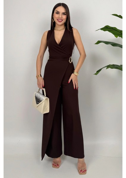 Crimson Icon Kadın Kemer Detaylı Askılı Bol Paça Kahve Tulum – Rahat Şık Yazlık Kombin