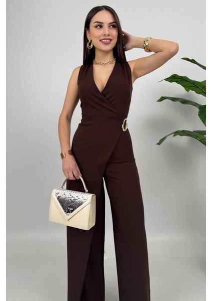 Crimson Icon Kadın Kemer Detaylı Askılı Bol Paça Kahve Tulum – Rahat Şık Yazlık Kombin fiyatları