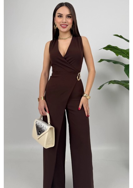 Crimson Icon Kadın Kemer Detaylı Askılı Bol Paça Kahve Tulum – Rahat Şık Yazlık Kombin modelleri