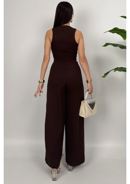 Crimson Icon Kadın Kemer Detaylı Askılı Bol Paça Kahve Tulum – Rahat Şık Yazlık Kombin indirimleri