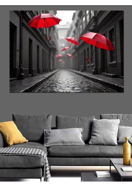 Renkli Sokak Dekoratif Kanvas ve Ahşap Tablo, Şemsiye Temalı Sanat Eseri