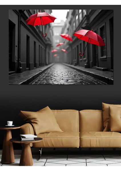 Renkli Sokak Dekoratif Kanvas ve Ahşap Tablo, Şemsiye Temalı Sanat Eseri fiyatları