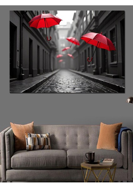 Renkli Sokak Dekoratif Kanvas ve Ahşap Tablo, Şemsiye Temalı Sanat Eseri fırsatları