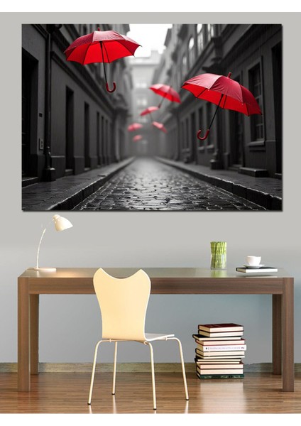 Renkli Sokak Dekoratif Kanvas ve Ahşap Tablo, Şemsiye Temalı Sanat Eseri indirimleri
