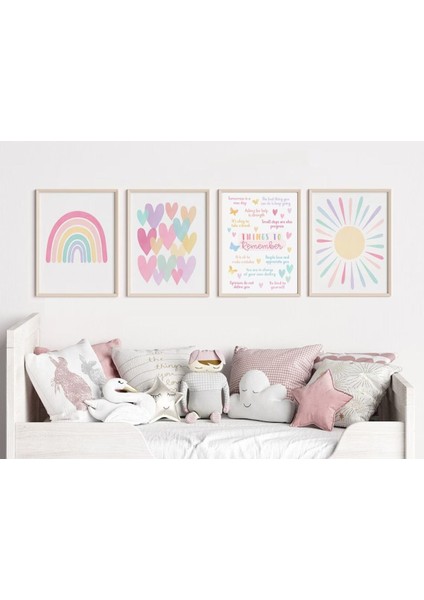 4'lü Pastel Gökkuşağı Çocuk Odası Mdf Tablo 20X30 cm Çerçeveli
