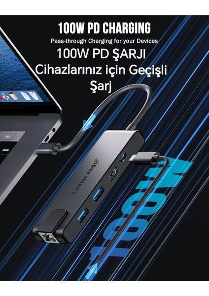 5'in 1'i Type-C Pd 100W/ HDMI 4K/RJ45 100Mbs./Usb 3.0 Hub Çoklayıcı Çoğaltıcı Adaptör Ce Lisanslı Orjinal modelleri