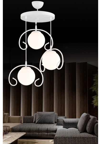 Şık Beyaz 3'lü Camlı Sarkıt Tepsi, Lüks Avize Aydınlatma