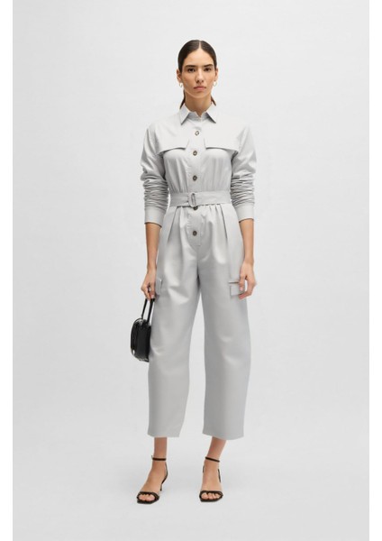 Gri Renk Önden Düğmeli Kapak Cepli Uzun Tulum