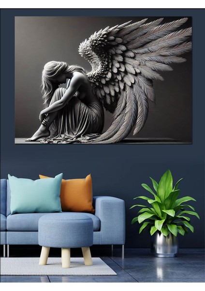 Renkli Melek Heykeli Dekoratif Kanvas ve Ahşap Tablo Seti