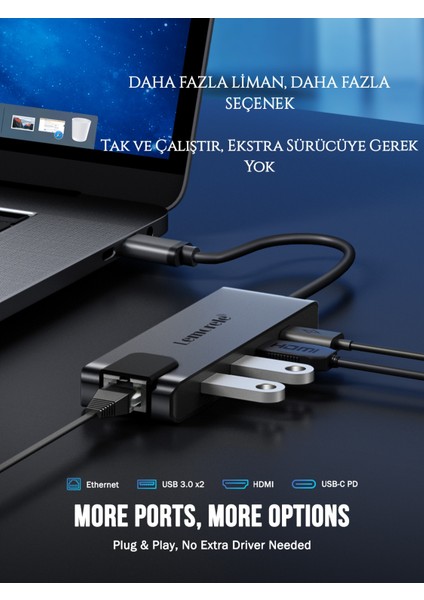 5'in 1'i Type-C Pd 100W/ HDMI 4K/RJ45 100Mbs./Usb 3.0 Hub Çoklayıcı Çoğaltıcı Adaptör Ce Lisanslı Orjinal