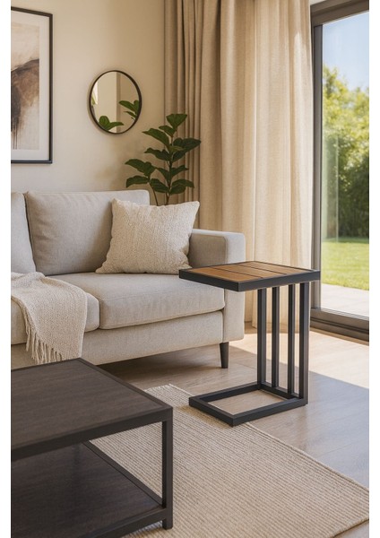 Alüminyum Gövdeli, Ahşap Desenli Modern C Sehpa – Dış Mekan ve Iç Mekan Kullanıma Uygun modelleri