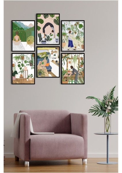 Çerçevesiz Yoga ve Bitki Temalı 6 Parça Mdf Tablo Seti, Dekoratif ve Şık Tasarım