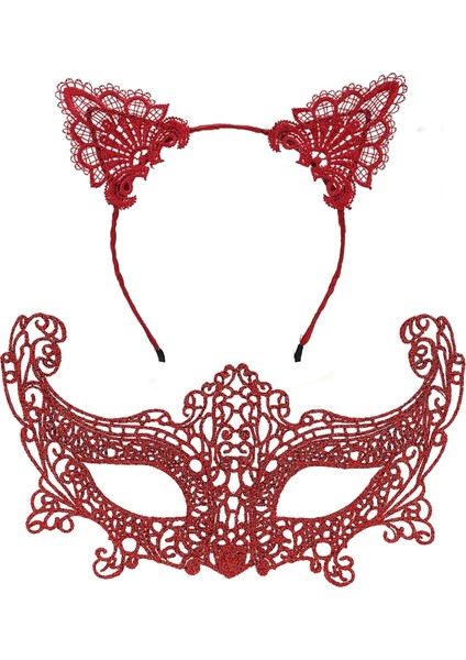 Romantik Kırmızı Dantel Maske Seti – Kedi Kulaklı Taç ve Maske 3 No fiyatları