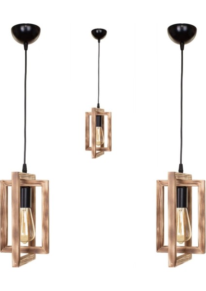 Kare Ahşap Avize, Tekli ve 3'lü Set, Sıcak Kahverengi, Modern Tasarım