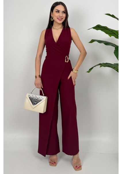 Crimson Icon Kadın Kemer Detaylı Askılı Bol Paça Bordo Tulum – Rahat Şık Yazlık Kombin