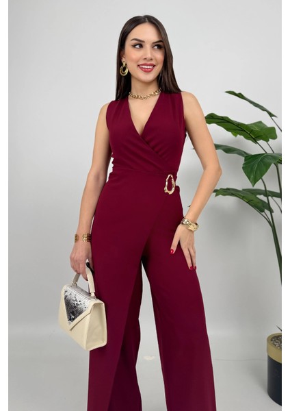 Crimson Icon Kadın Kemer Detaylı Askılı Bol Paça Bordo Tulum – Rahat Şık Yazlık Kombin modelleri