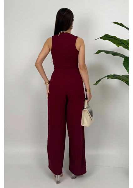 Crimson Icon Kadın Kemer Detaylı Askılı Bol Paça Bordo Tulum – Rahat Şık Yazlık Kombin indirimleri