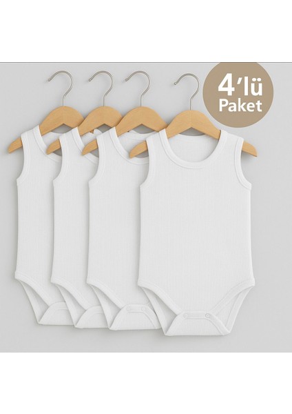 Waffle Kumaş 4'lü Bebek Çıtçıtlı Body Atlet Zıbın %100 Organik Pamuk Beyaz Hastane Çıkışı