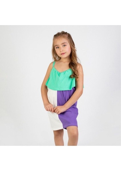 Fırfır Yaka Çapraz Renk Elbise Mor - 3 Yaş