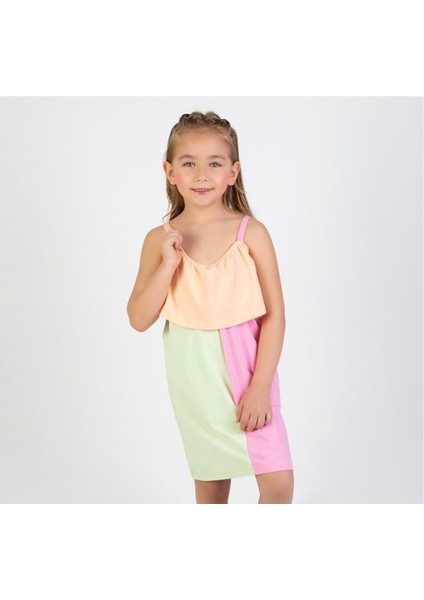 Fırfır Yaka Çapraz Renk Elbise Pembe - 3 Yaş