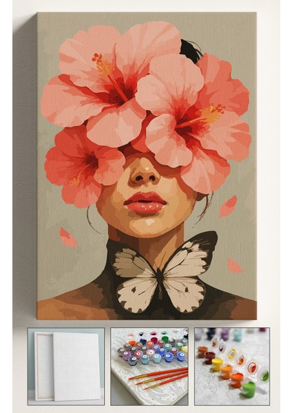 Sayılarla Boyama Çerçeveli Hobi Seti Numaralı Tuval Fırça Boya Dahil Kasnaklı 40X50 cm Kelebek Kadın