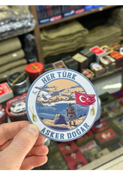 "her Türk Asker Doğar" Yazılı 3D Lazer Kesim Arkası Cırtlı Patch(Peç)