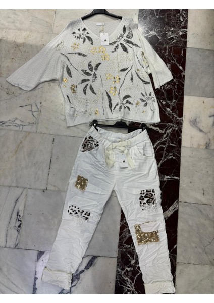 Kadın Italyan Varaklı Merserize ve Full Ligralı Pullu Leopar Detaylı Pantolon
