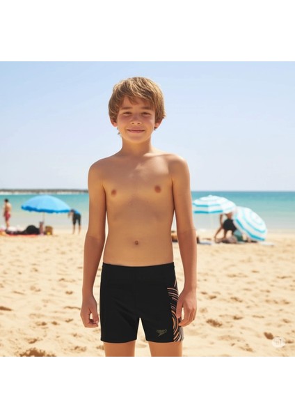 Placement Print Aquashort Erkek Çocuk Yüzücü Mayosu Siyah