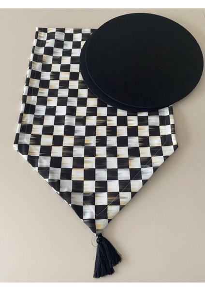 Dama Desenli Runner ve Supla Seti, Siyah, Şık ve Modern Tasarım