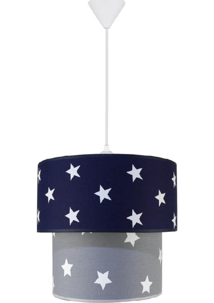 Çocuk Odası Ikili Silindir Kumaş Avize, Lacivert ve Gri Yıldız Detaylarıyla Şık Aydınlatma